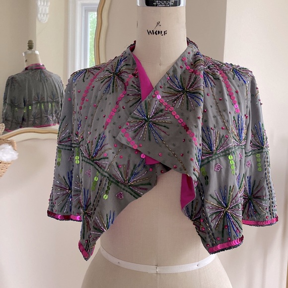Gorgeous Vintage silk sequin beaded cropped jacket XS S - Picture 4 of 7